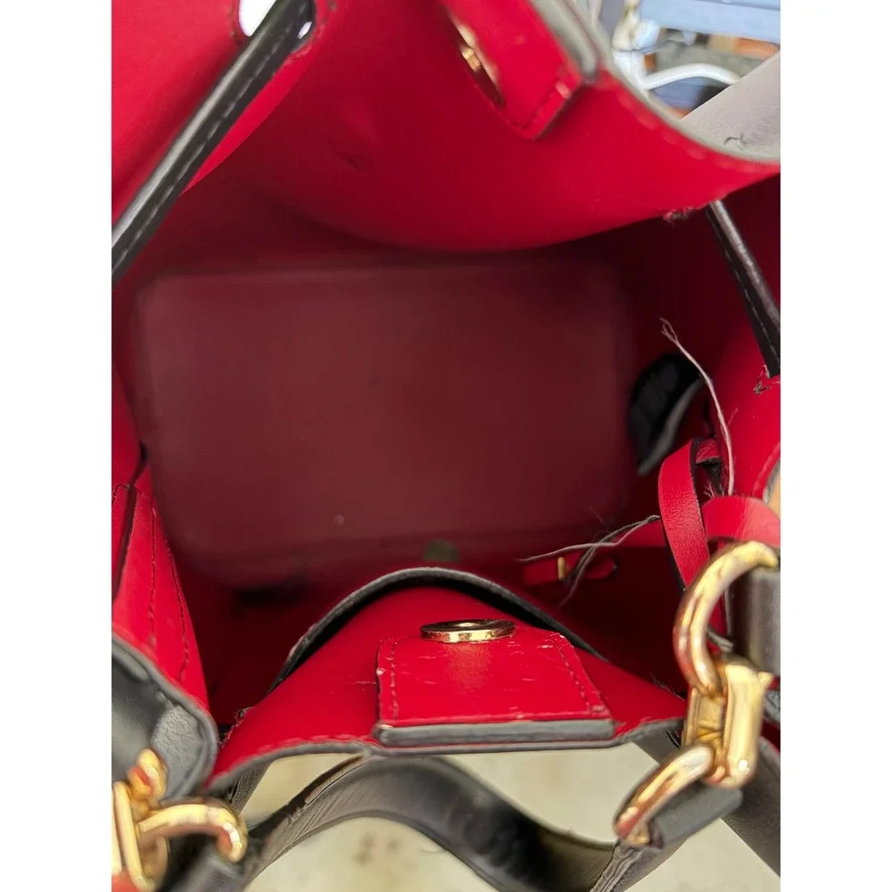Lauren Ralph Lauren Debby Drawstring Bucket Bag Black Leather Red Interior Gold